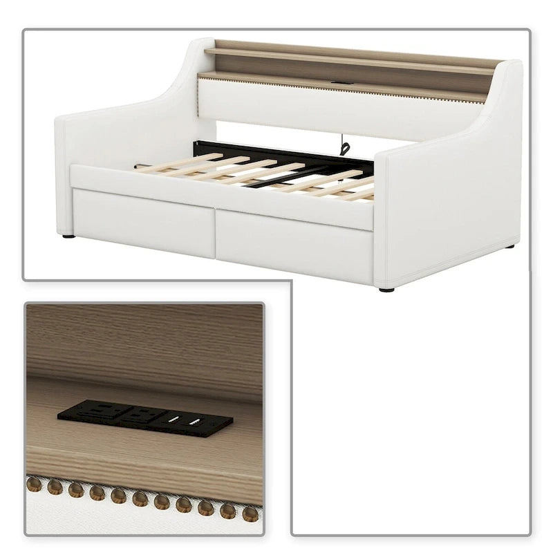 Moderno ed elegante divano letto singolo imbottito con contenitore e finiture borchiate