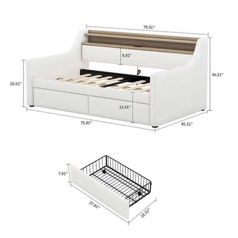 Moderno ed elegante divano letto singolo imbottito con contenitore e finiture borchiate