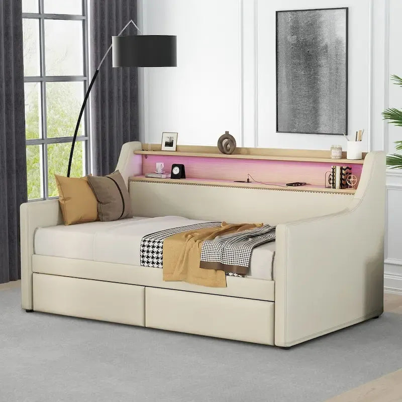 Moderno ed elegante divano letto singolo imbottito con contenitore e finiture borchiate