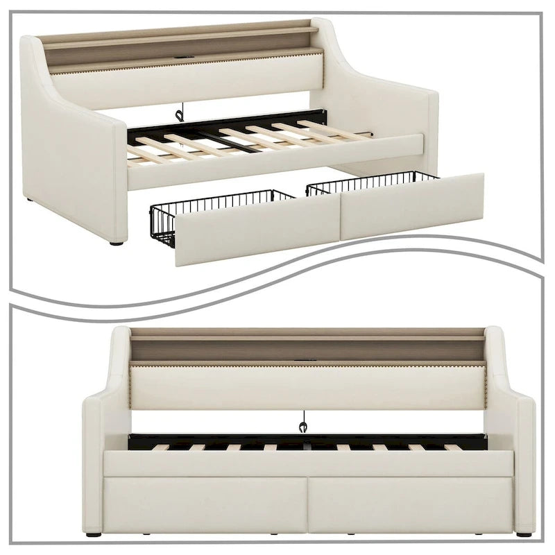 Moderno ed elegante divano letto singolo imbottito con contenitore e finiture borchiate