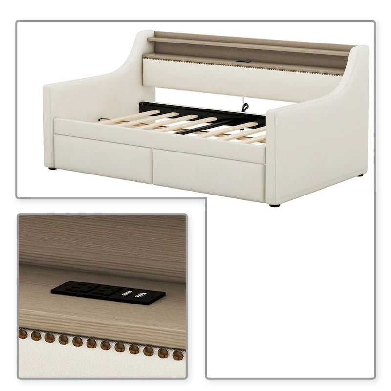 Moderno ed elegante divano letto singolo imbottito con contenitore e finiture borchiate
