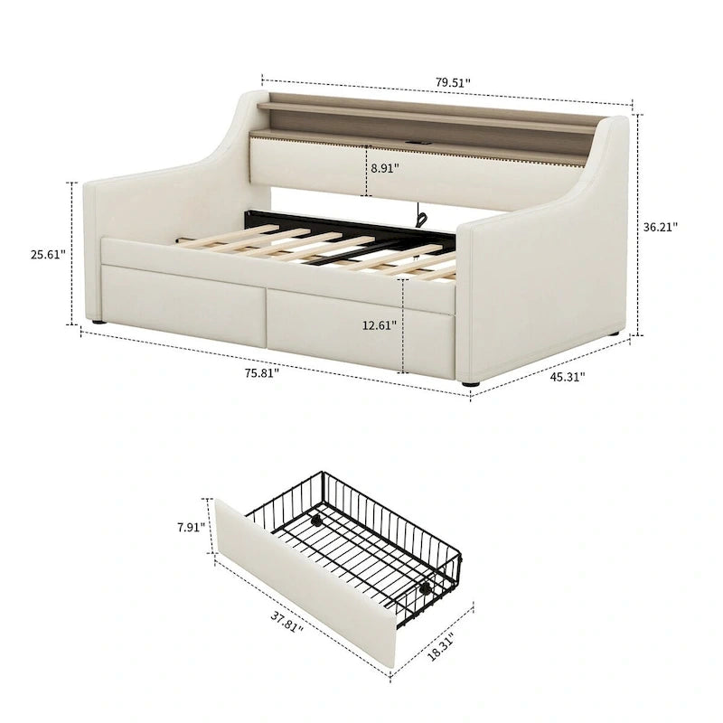 Moderno ed elegante divano letto singolo imbottito con contenitore e finiture borchiate