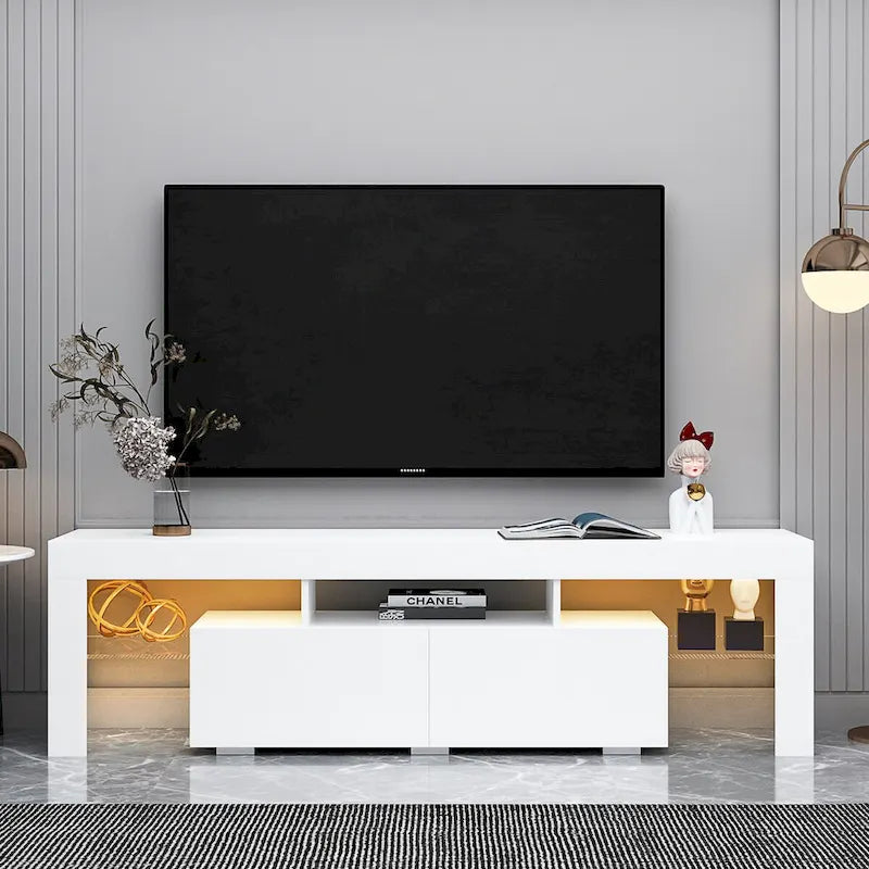 Mobile TV moderno fino a 70 pollici con 2 cassetti e ripiani, luci a LED - 160L x 35P x 45A cm