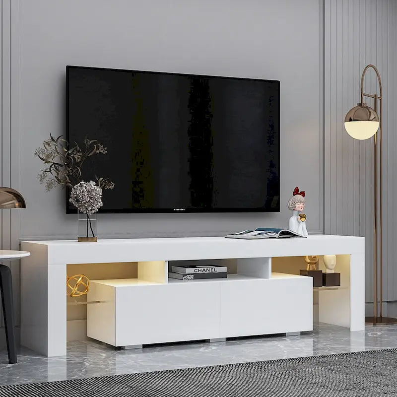 Mobile TV moderno fino a 70 pollici con 2 cassetti e ripiani, luci a LED - 160L x 35P x 45A cm