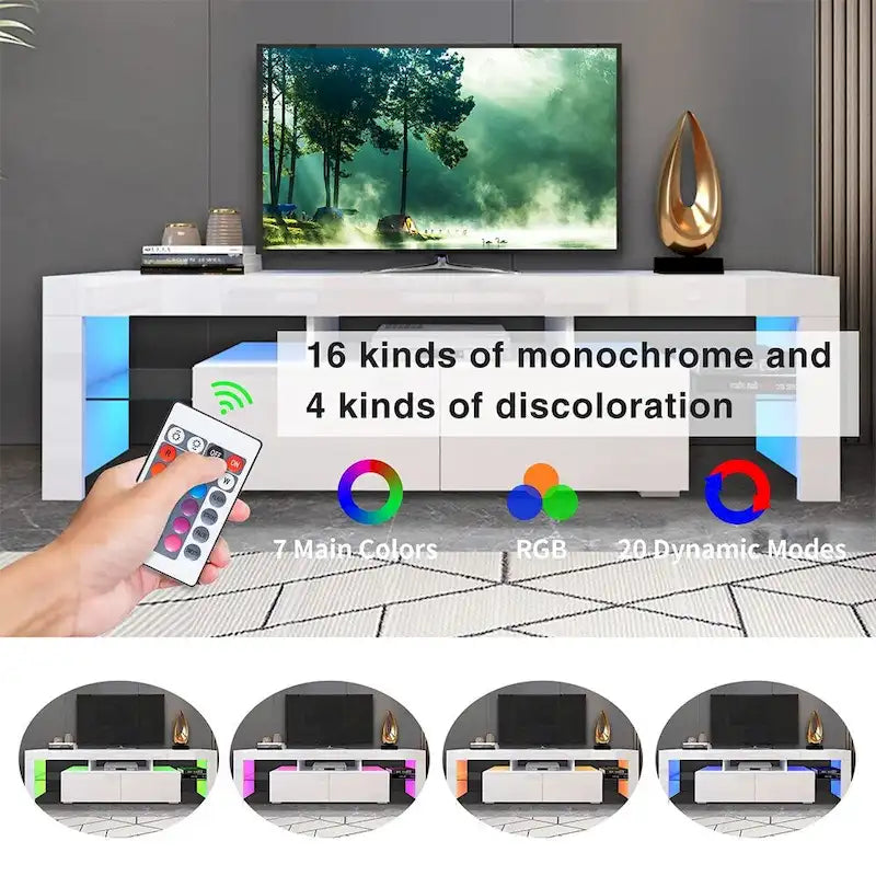 Mobile TV moderno fino a 70 pollici con 2 cassetti e ripiani, luci a LED - 160L x 35P x 45A cm