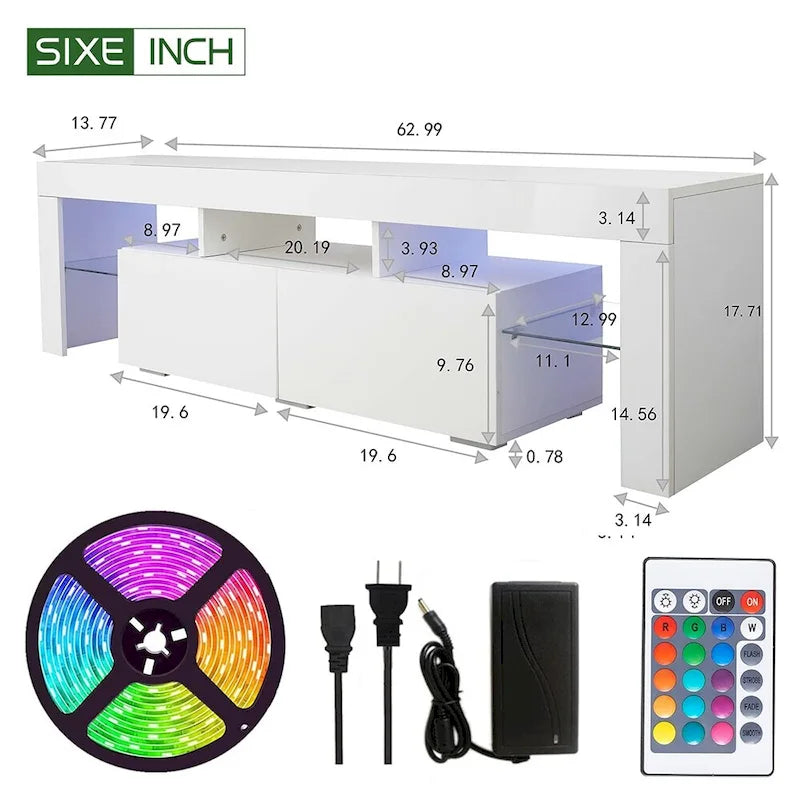 Mobile TV moderno fino a 70 pollici con 2 cassetti e ripiani, luci a LED - 160L x 35P x 45A cm