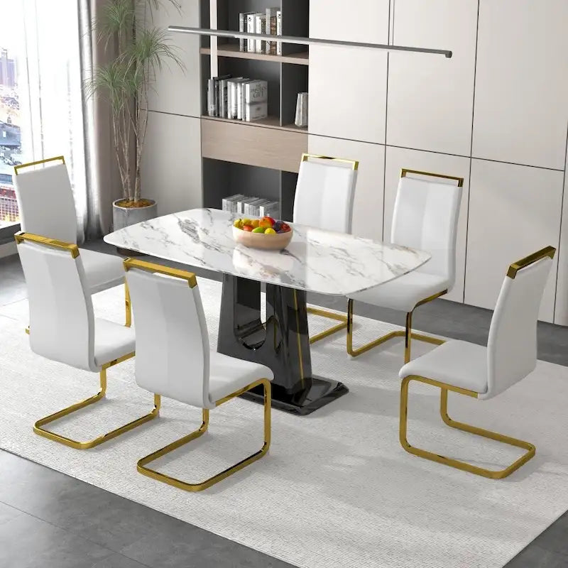 Un tavolo da pranzo moderno, minimalista e lussuoso con un piano in finto marmo bianco