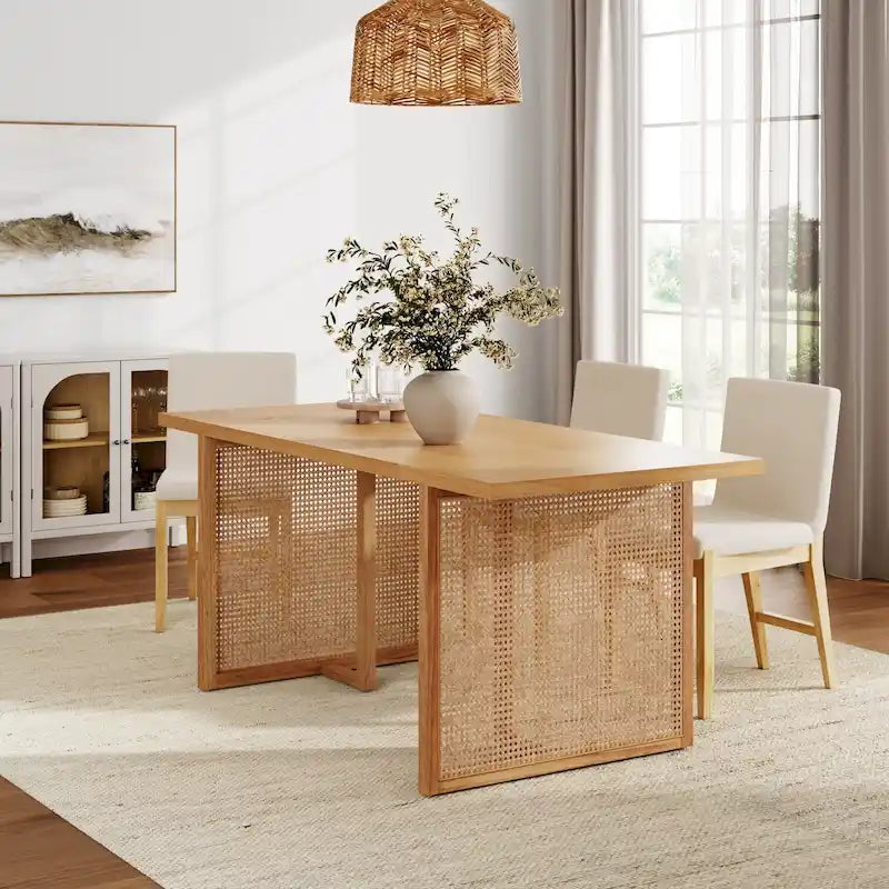 Tavolo da pranzo Boho per 6 con gambe in legno massello, Tavolo da pranzo con accento in rattan bohémien