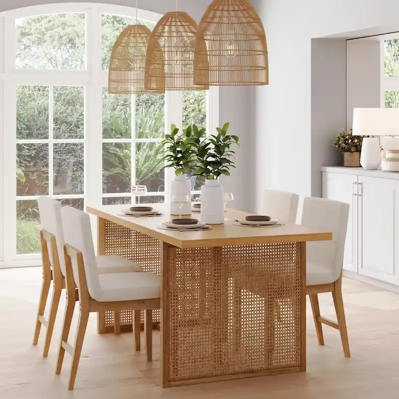 Tavolo da pranzo Boho per 6 con gambe in legno massello, Tavolo da pranzo con accento in rattan bohémien