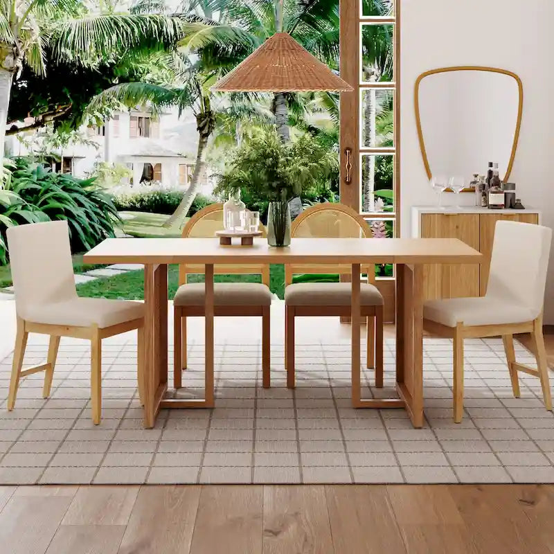 Tavolo da pranzo Boho per 6 con gambe in legno massello, Tavolo da pranzo con accento in rattan bohémien