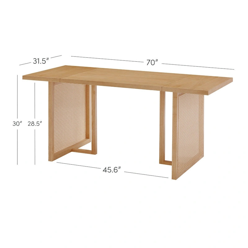 Tavolo da pranzo Boho per 6 con gambe in legno massello, Tavolo da pranzo con accento in rattan bohémien