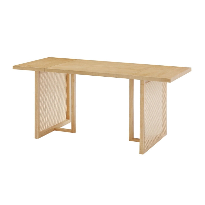 Tavolo da pranzo Boho per 6 con gambe in legno massello, Tavolo da pranzo con accento in rattan bohémien