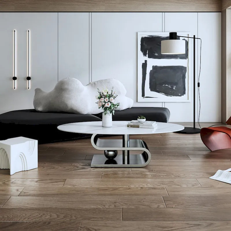 Squisito Tavolino da caffè moderno ovale con piano in pietra bianca 51L e base in metallo dorato